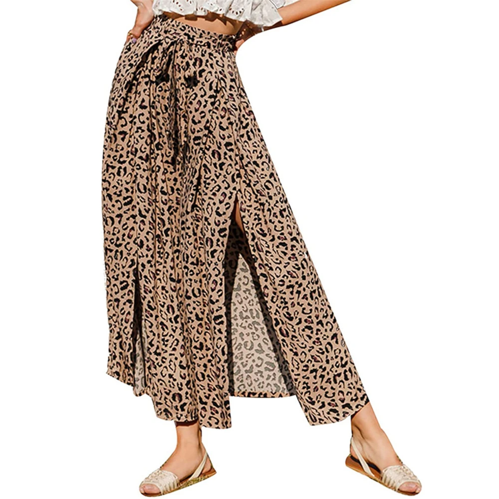 Women Long Pants Wide Leg High Waist Pants Thigh Split Tie Knot Trousers Summer Casual Trousers Leopard Print XL