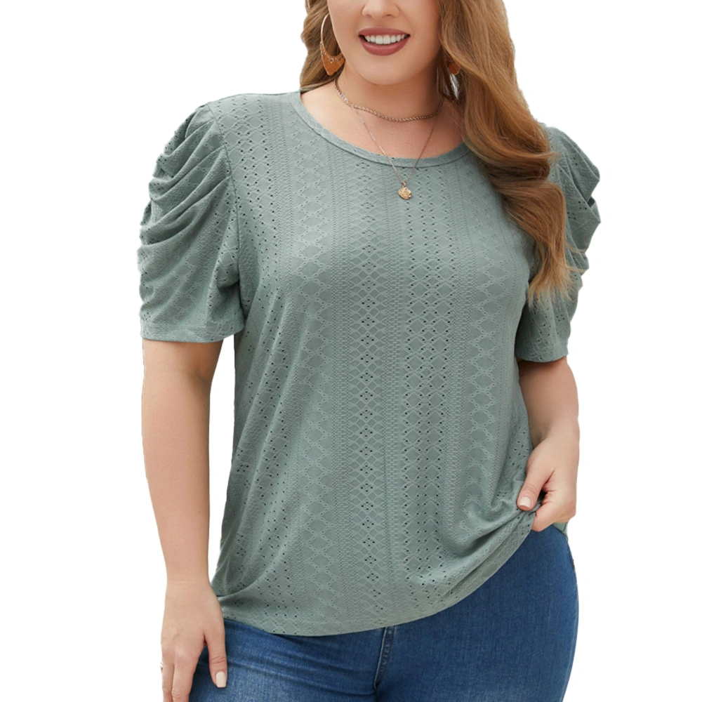 Ruched Puff Sleeve Crewneck T Shirt Women Oversized Plain Color Short Sleeve Crochet Eyelet Top Blouse Green XL