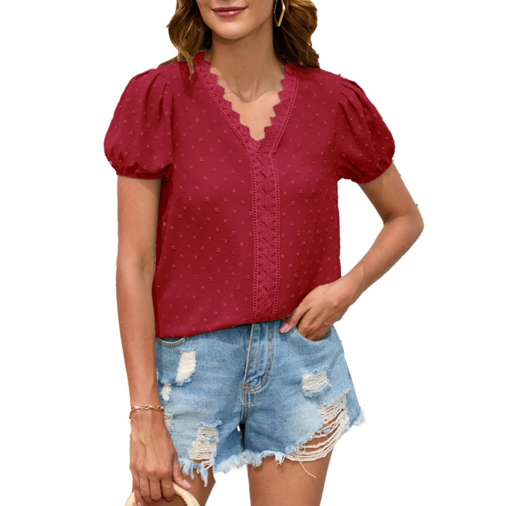 Short Puff Sleeve Blouse Jacquard Plain Color Lace Frill Blouse Shirt for Women Lady Summer Red XXL