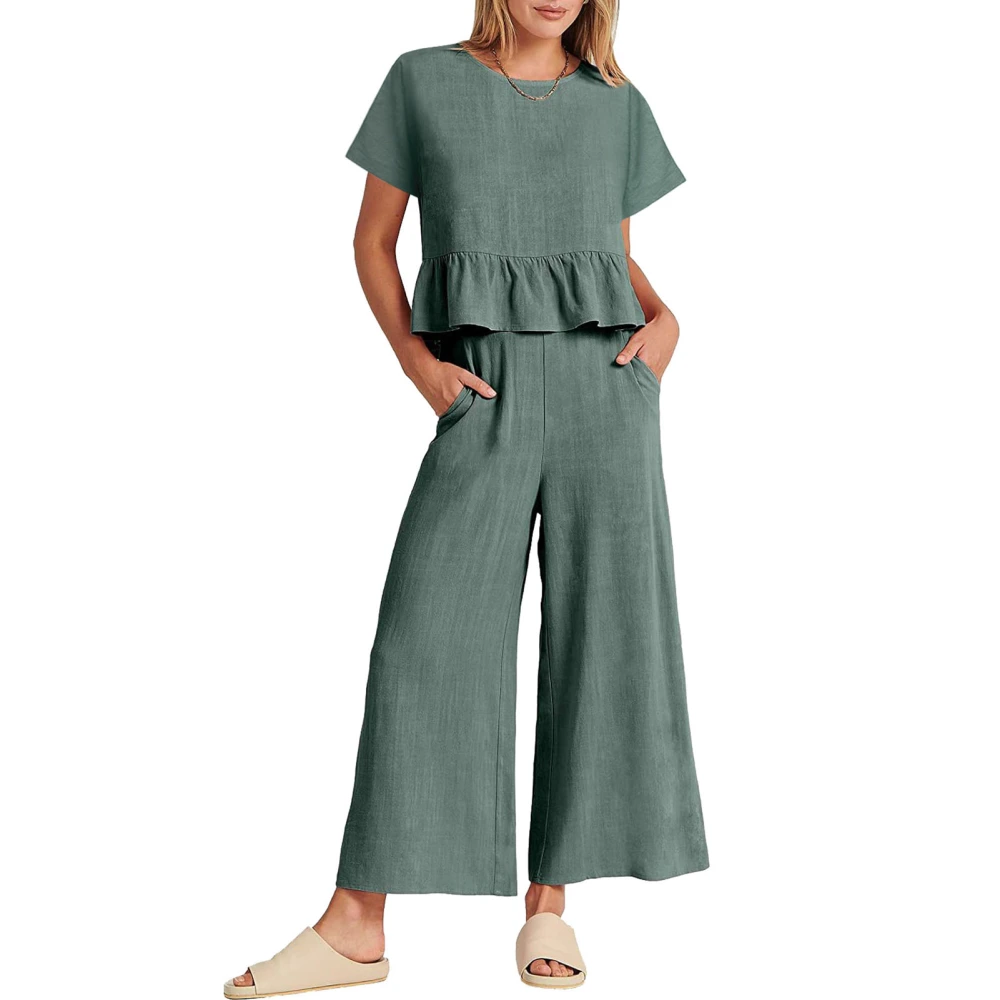 Women Summer Outfits Set Ruffle Trim Short Sleeves Top Wide Straight Leg Pants Set Green L