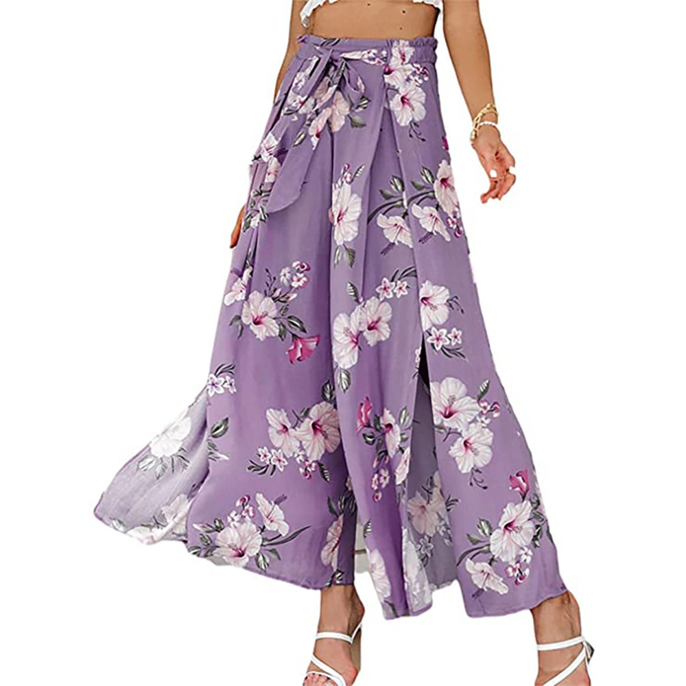 Women Long Pants Wide Leg High Waist Pants Thigh Split Tie Knot Trousers Summer Casual Trousers Purple Floral Print S