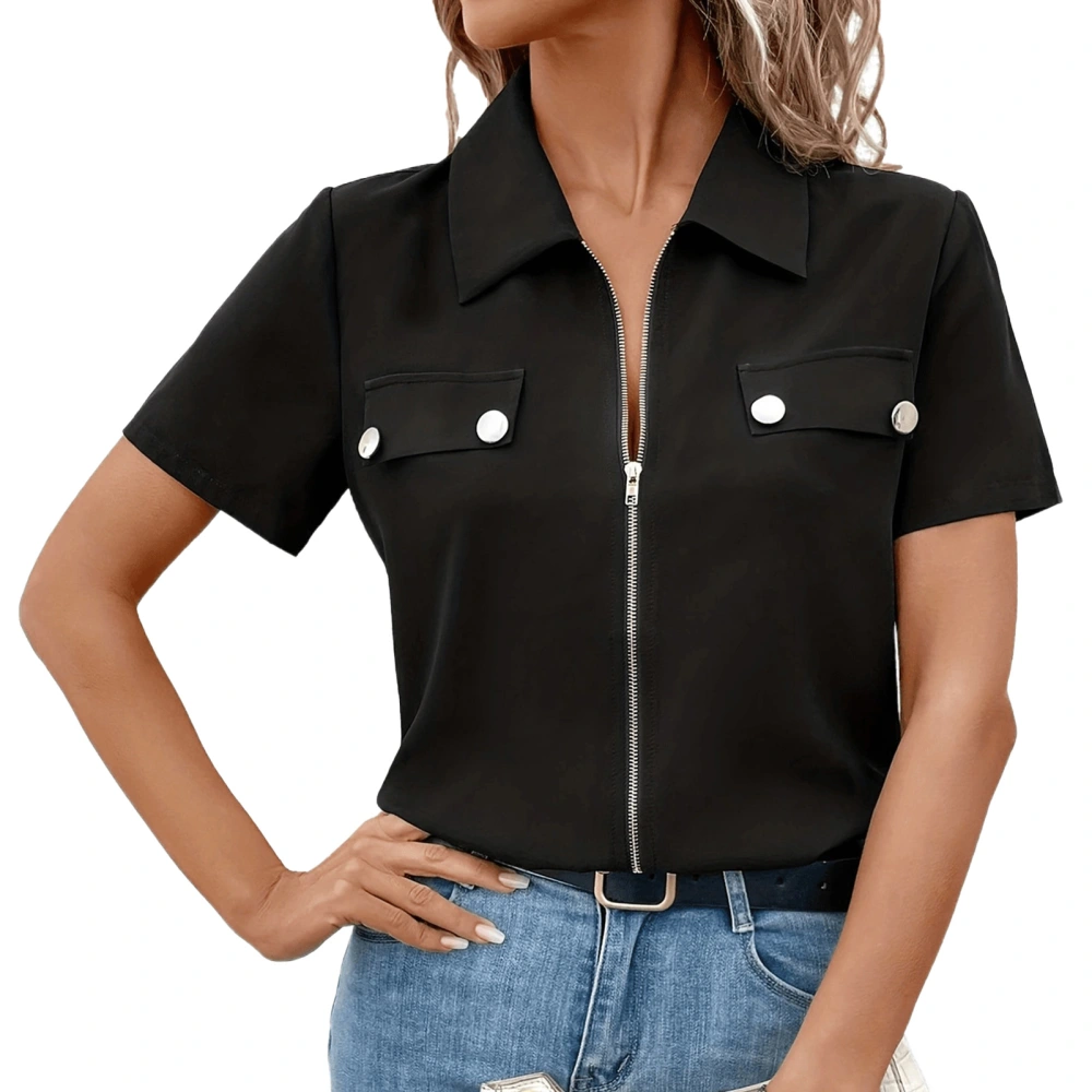 Women T Shirt Short Sleeves Zipper Button Decor Front Pockets Blouse for Summer Travel Black L