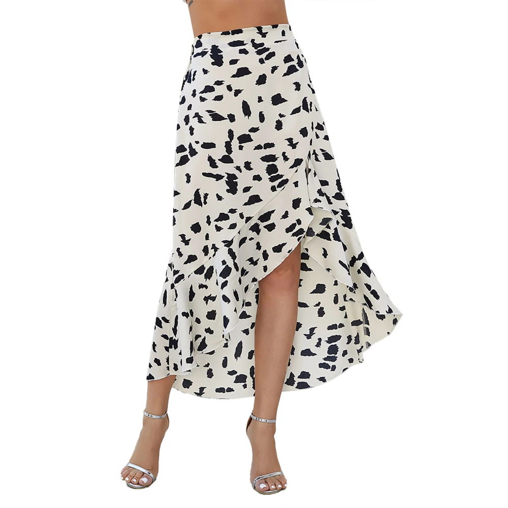 Hemline Skirt Irregular Ruffle Medium Length Polyester Fiber Printed for Beach Vacation White S