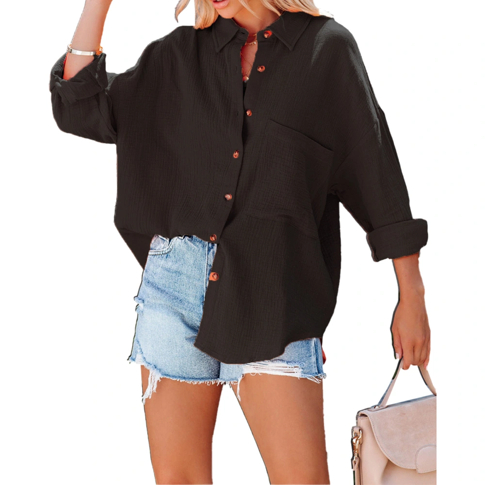 Women Button Down Long Sleeve Shirts Fashion Casual Loose Turn Down Collar Pure Color Womens V Neck Long Sleeve Blouse Black L