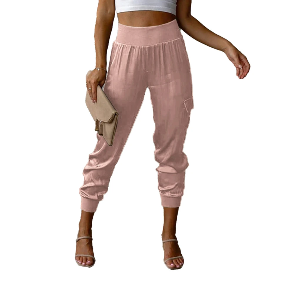 Women Satin Joggers Elastic High Waist Multiple Pockets Casual Tapered Ankle Pants Pink L