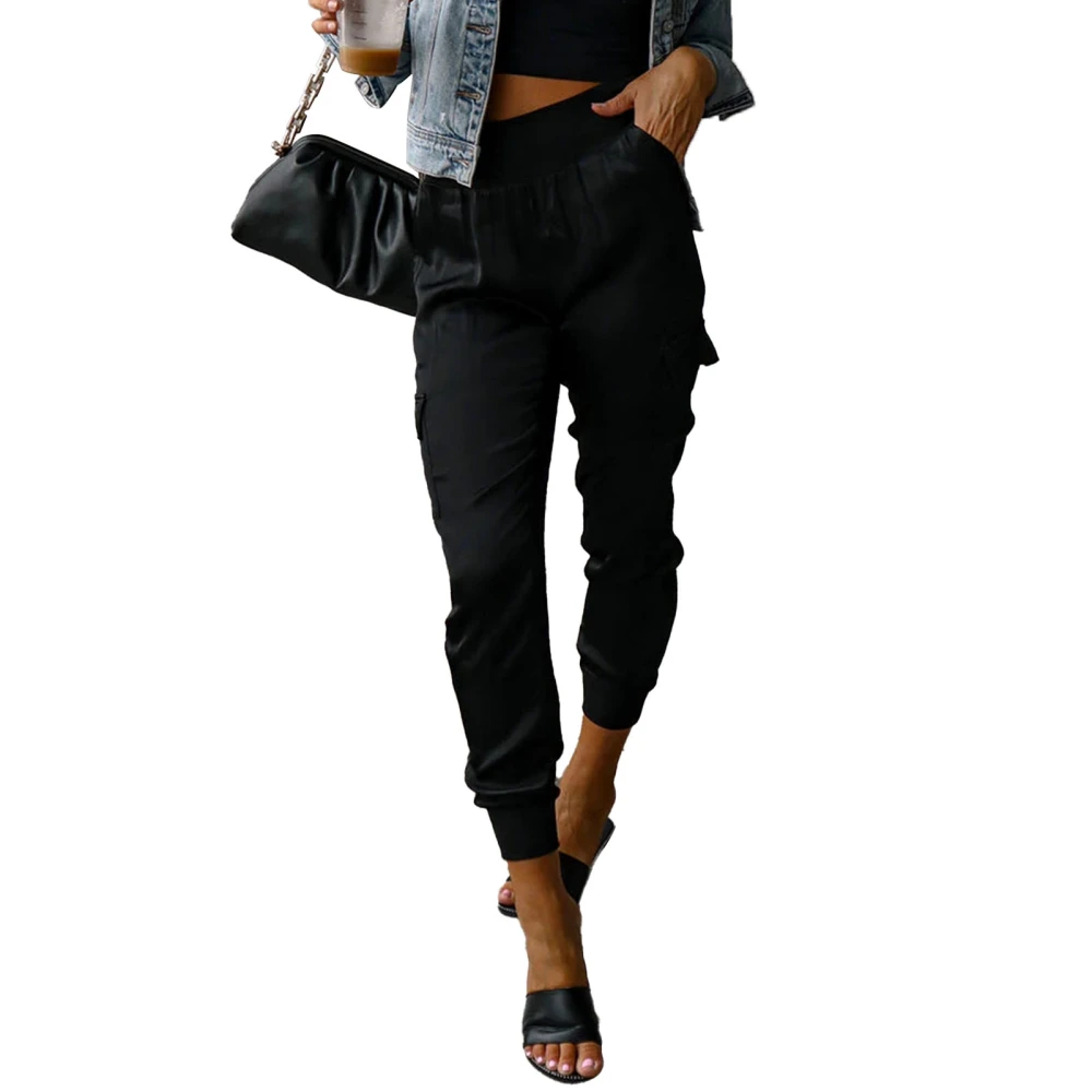 Women Satin Joggers Elastic High Waist Multiple Pockets Casual Tapered Ankle Pants Black L