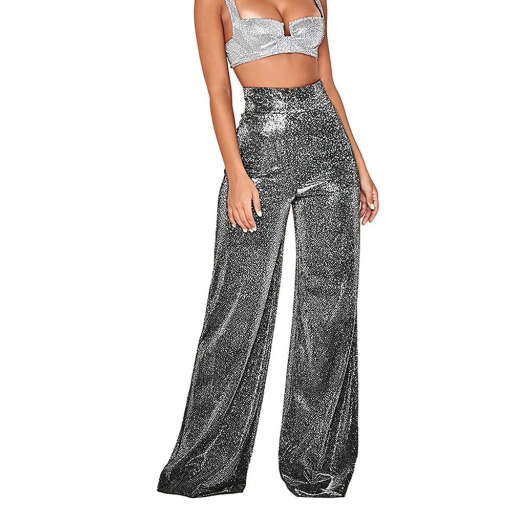 Women Casual Trousers Glitter Sequin Wide Leg High Waist Straight Long Pants for All Seasons Black S