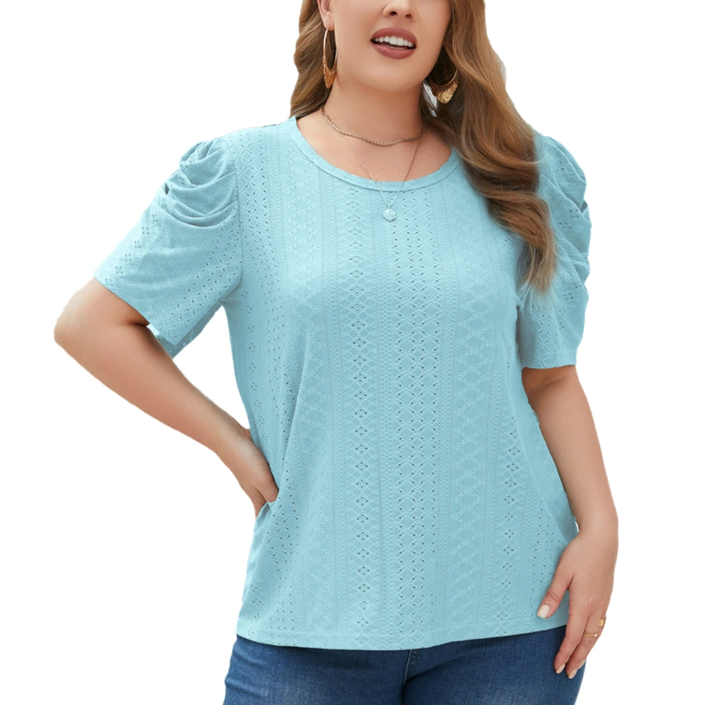 Ruched Puff Sleeve Crewneck T Shirt Women Oversized Plain Color Short Sleeve Crochet Eyelet Top Blouse Blue 2XL