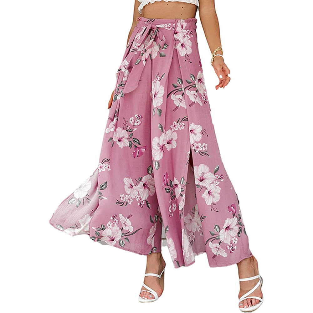 Women Long Pants Wide Leg High Waist Pants Thigh Split Tie Knot Trousers Summer Casual Trousers Pink Floral Print XL