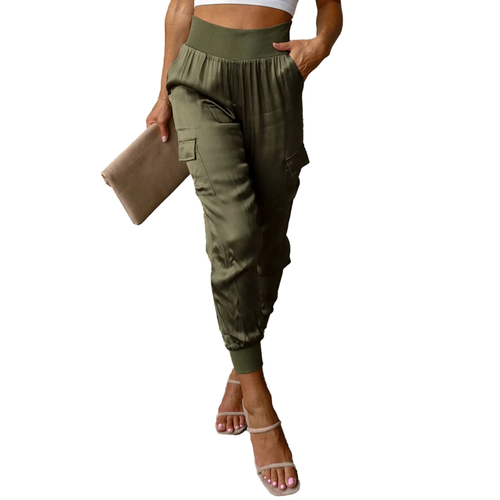 Women Satin Joggers Elastic High Waist Multiple Pockets Casual Tapered Ankle Pants OD Green L