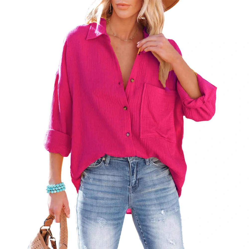 Women Button Down Long Sleeve Shirts Fashion Casual Loose Turn Down Collar Pure Color Womens V Neck Long Sleeve Blouse Rose Red M