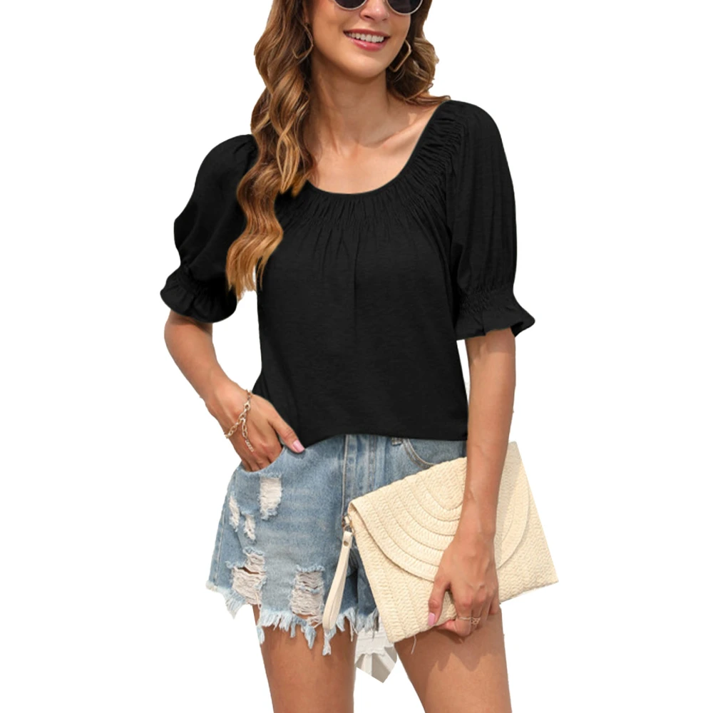 Women Summer Short Puff Sleeve U Neck Top Loose Casual Plain Color Pleated Shirt Blouse for Office Work Black XL