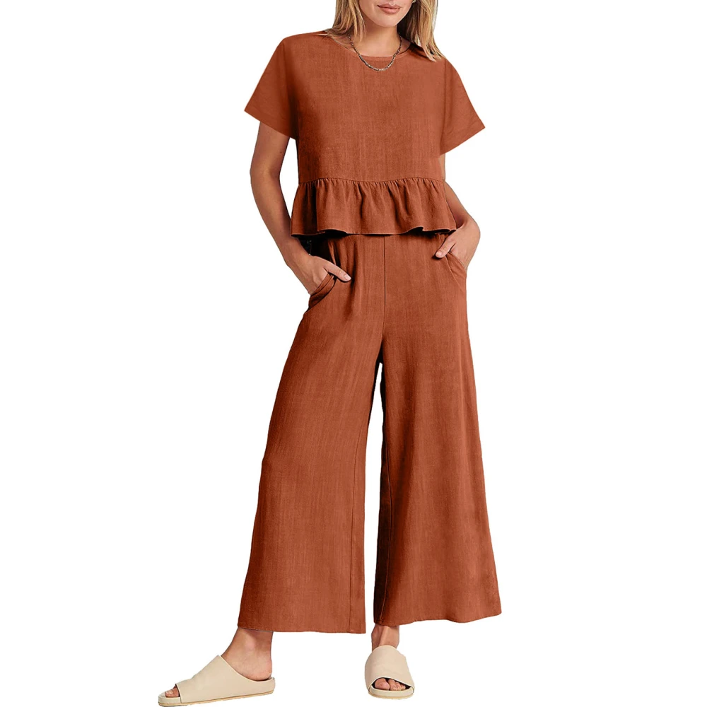 Women Summer Outfits Set Ruffle Trim Short Sleeves Top Wide Straight Leg Pants Set Orange XXL