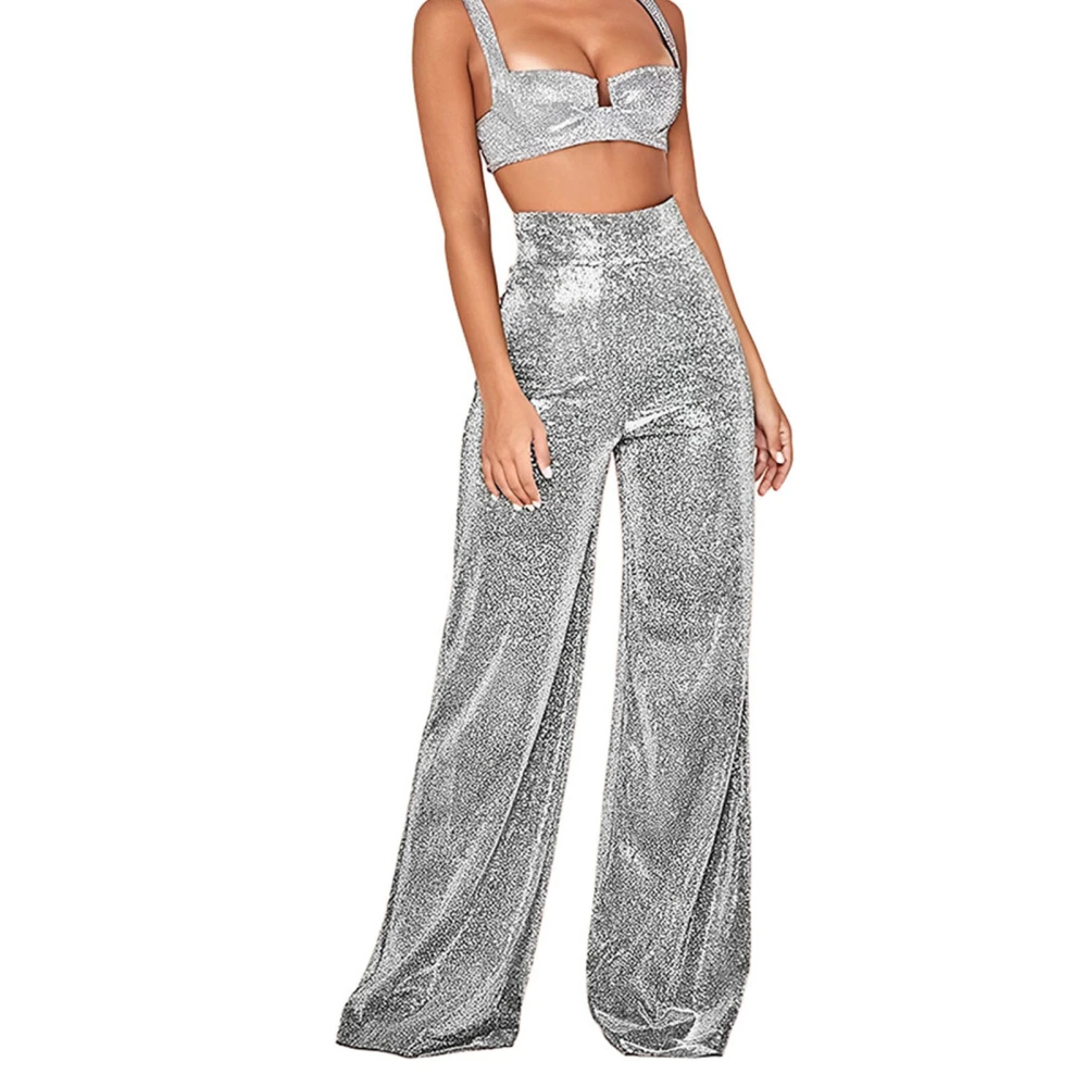 Women Casual Trousers Glitter Sequin Wide Leg High Waist Straight Long Pants for All Seasons Silvery White M