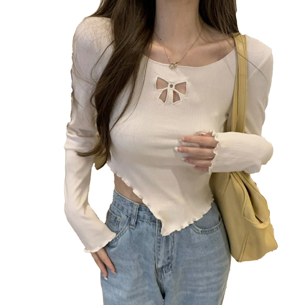 Woman Long Sleeve Square Neck T Shirts Bowknot Cut Out Slim Fitted Irregular Hem Casual Blouse White L