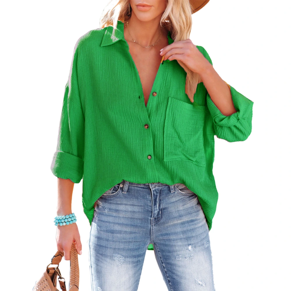 Women Button Down Long Sleeve Shirts Fashion Casual Loose Turn Down Collar Pure Color Womens V Neck Long Sleeve Blouse Green M