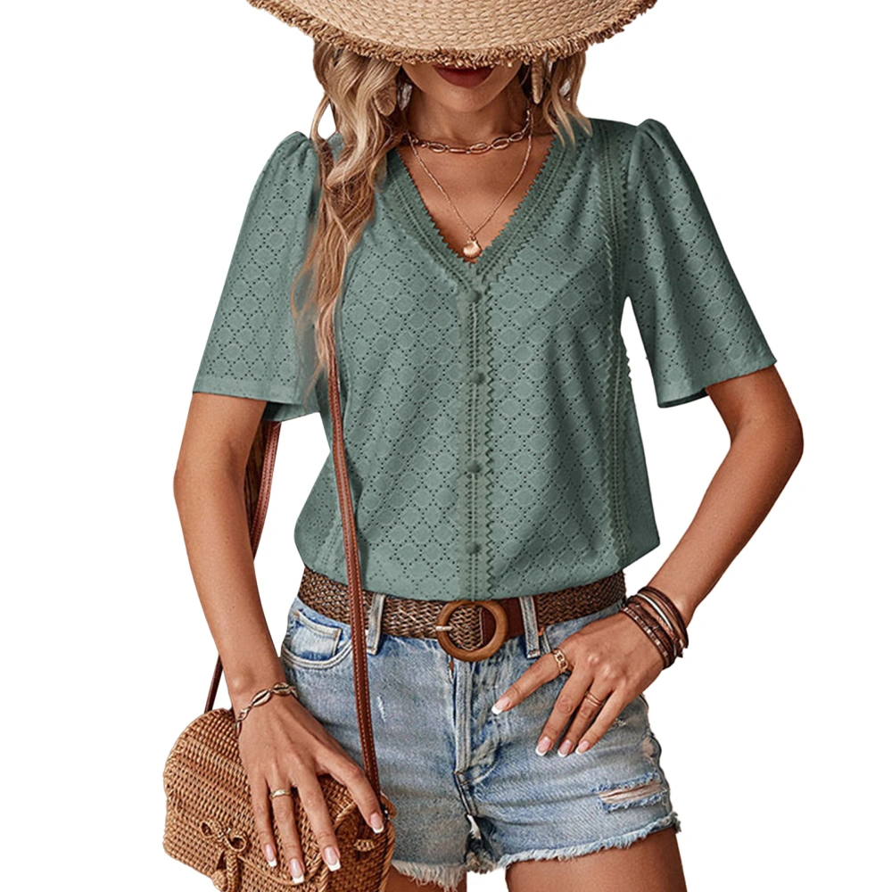 Women Summer Top Casual Loose Short Sleeve V Neck Eyelet Button Lace Trim Top for Female Green L