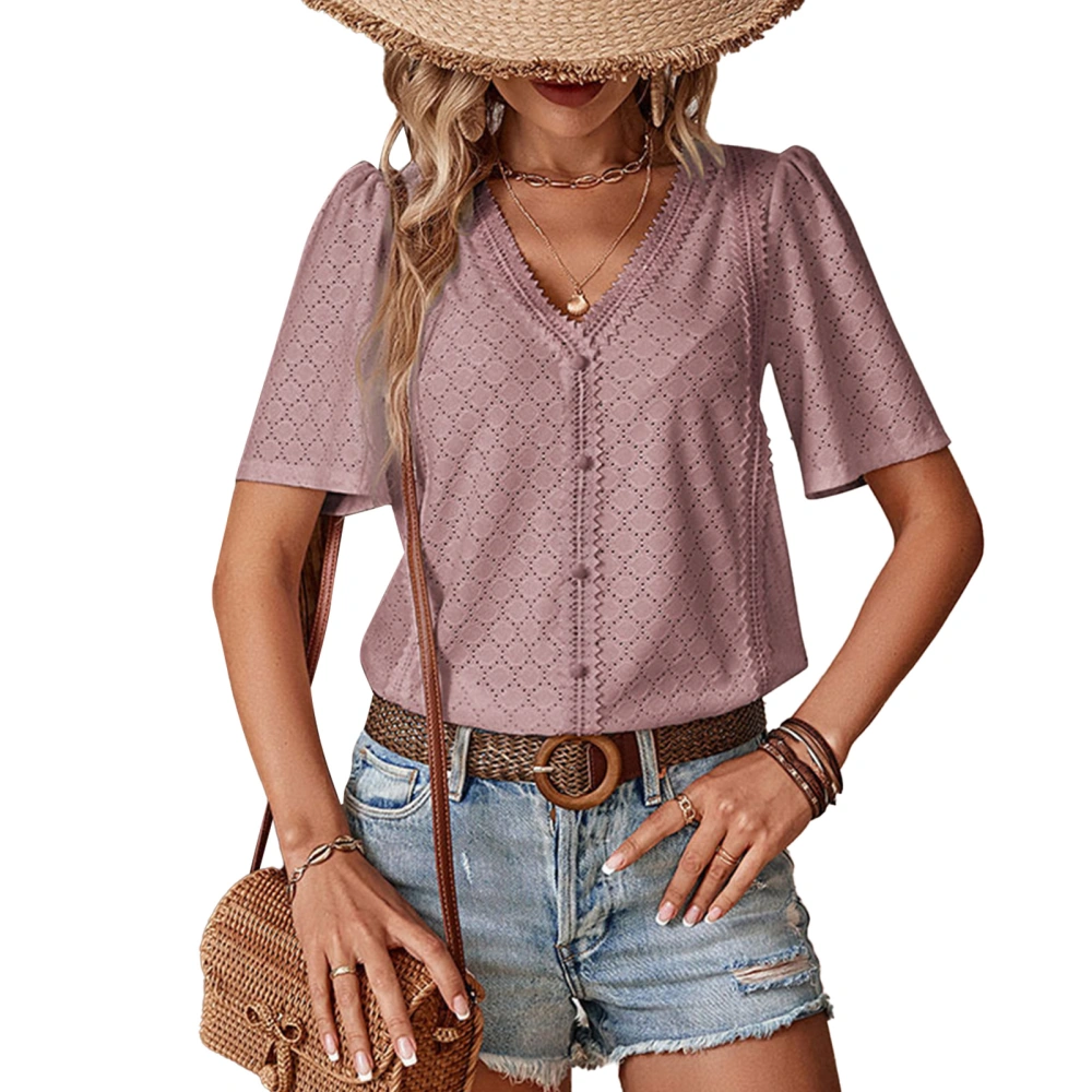 Women Summer Top Casual Loose Short Sleeve V Neck Eyelet Button Lace Trim Top for Female Pink M