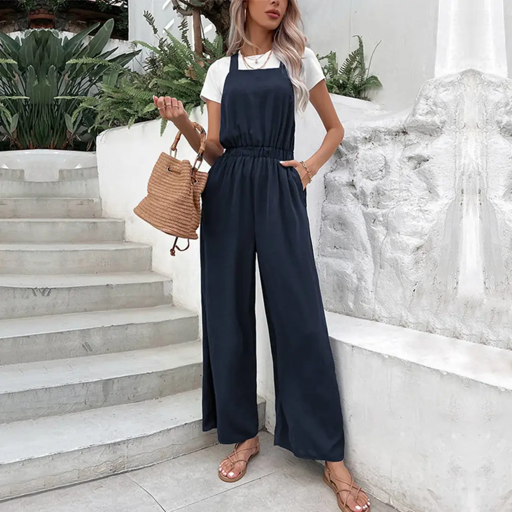 Women Wide Leg Overalls Pure Color Elastic Waistband Fashionable Casual Lady Suspender Jumpsuit for Summer Purplish Blue XL