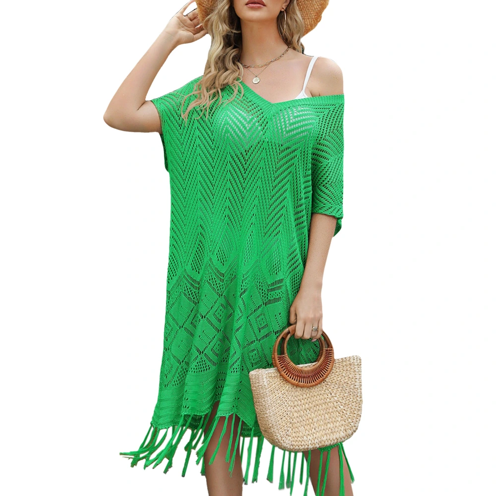 Women Knitted Bikini Coverup V Neck Hollow Out Hem Tassels Swimsuit Covering Dress Green Free Size