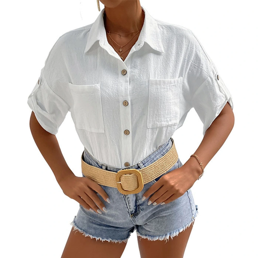 Women Button Down Blouse Half Sleeve Pure Color Fashionable Causal Loose Shirts Top with Pockets for Summer White S