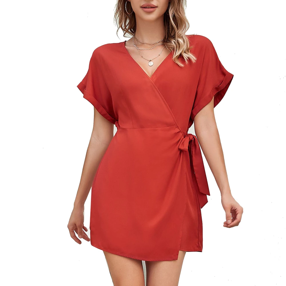 Women Short Jumpsuit V Neck Short Sleeve Elastic Waist Tie Pure Color Loose Short Jumpsuit for Party Holiday Club Red M