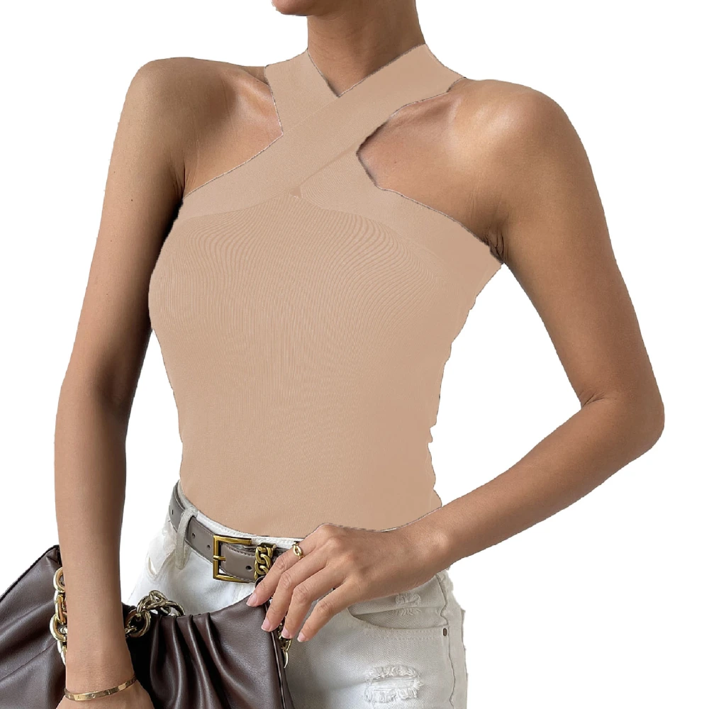 Cross Halter Neck Top Off Shoulder Slim Fit Pure Color Women Sleeveless Knit T Shirt for Dating Office Shopping Apricot L