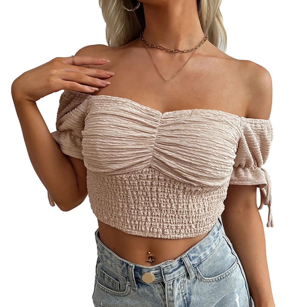 Off Shoulder Tank Top Short Sleeve Tie Shirred Chest Elastic Waist Backless Women Tank Top for Summer Dating Apricot L