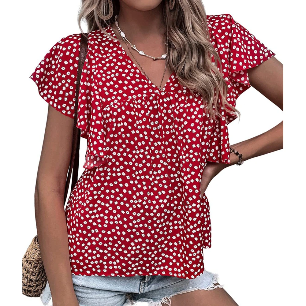 Ruffle Short Sleeve Blouse Floral Printed Casual Fitted V Neckline Ruffle Sleeve Blouse for Women Summer Burgundy L