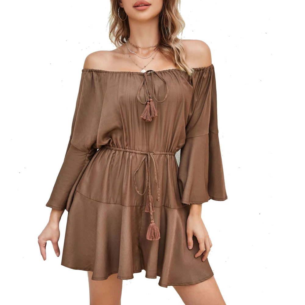 Woman One Piece Shorts Off Shoulder Loose Fit Solid Color Adjustable Neckline Waist Tie Flared Jumpsuit for Party Dating Brown M