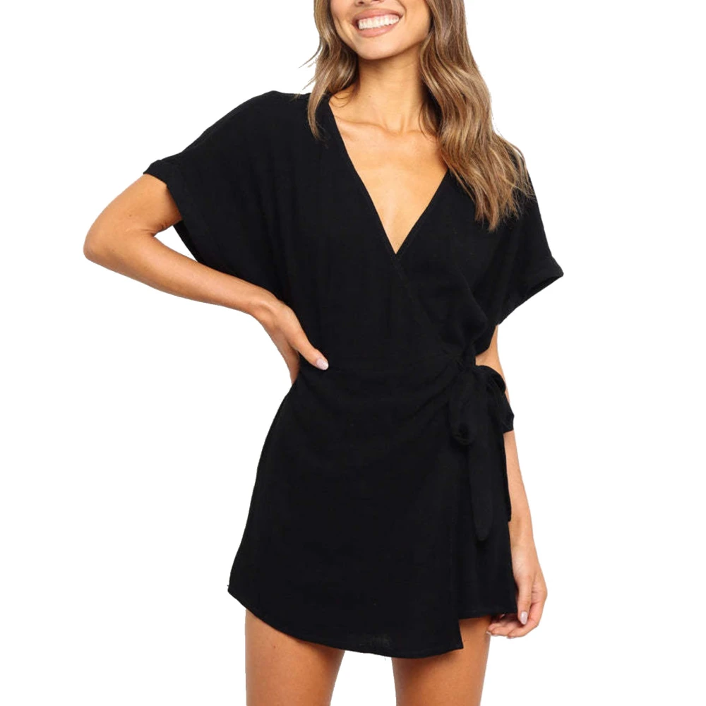 Women Short Jumpsuit V Neck Short Sleeve Elastic Waist Tie Pure Color Loose Short Jumpsuit for Party Holiday Club Black XL