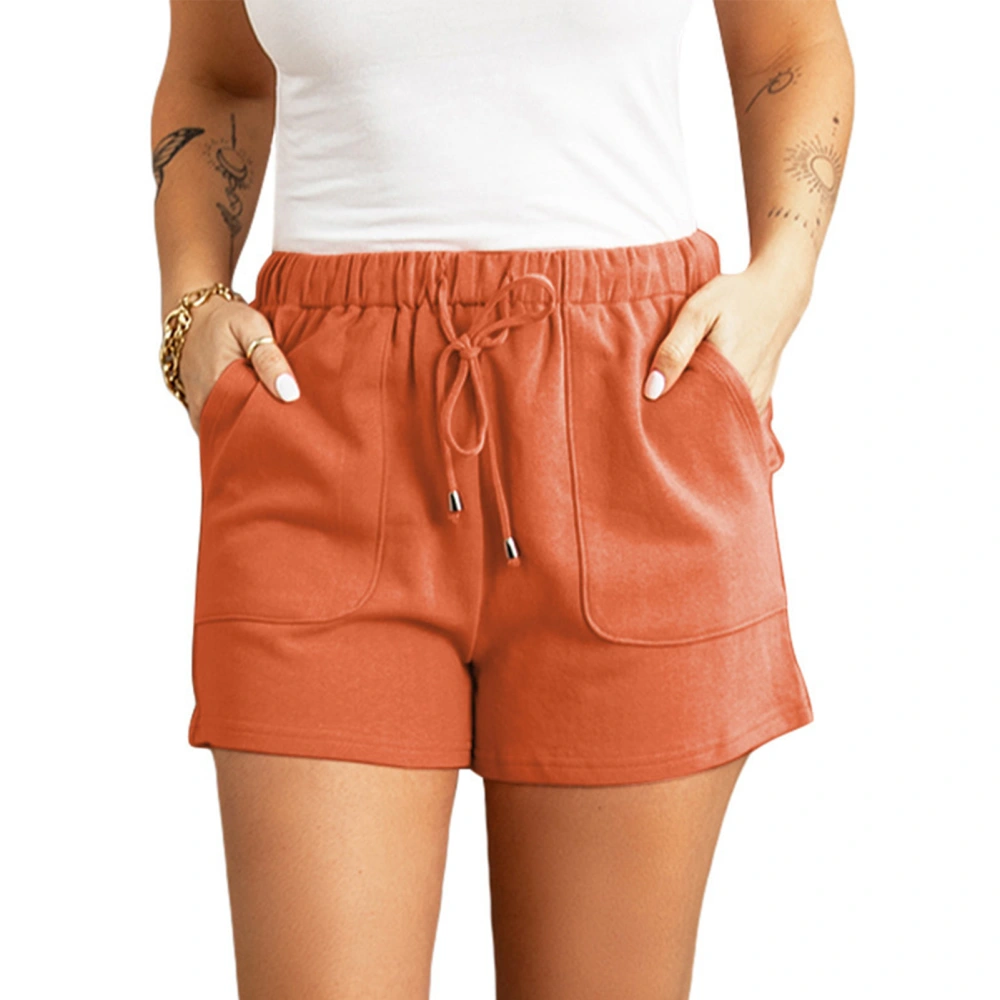 Women Shorts High Waist Elastic Pants Drawstring Pure Color Shorts Summer Casual Pants Orange L