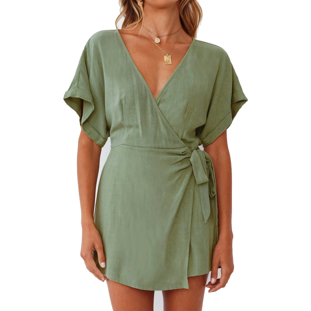 Women Short Jumpsuit V Neck Short Sleeve Elastic Waist Tie Pure Color Loose Short Jumpsuit for Party Holiday Club OD Green S