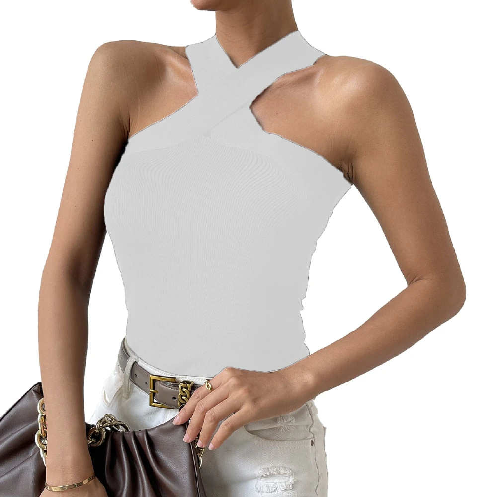 Cross Halter Neck Top Off Shoulder Slim Fit Pure Color Women Sleeveless Knit T Shirt for Dating Office Shopping White L