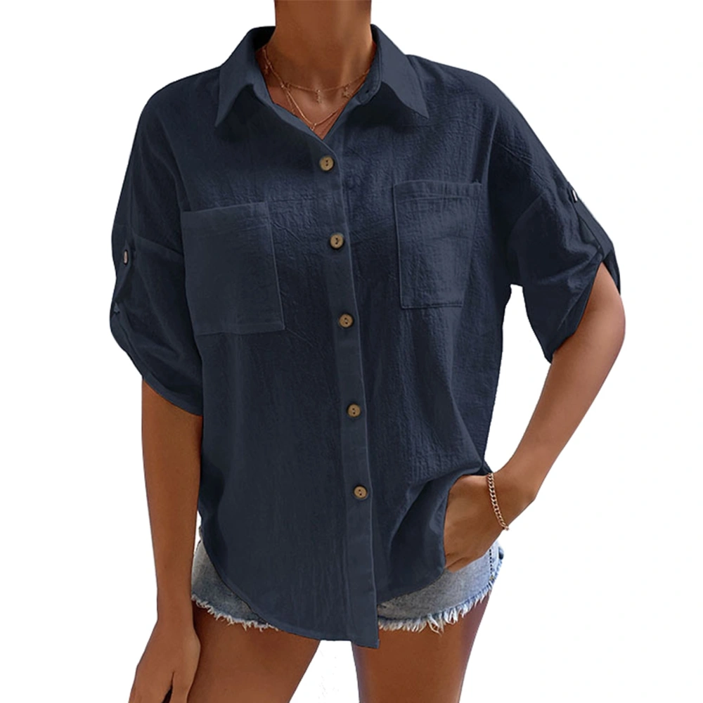 Women Button Down Blouse Half Sleeve Pure Color Fashionable Causal Loose Shirts Top with Pockets for Summer Purplish Blue M