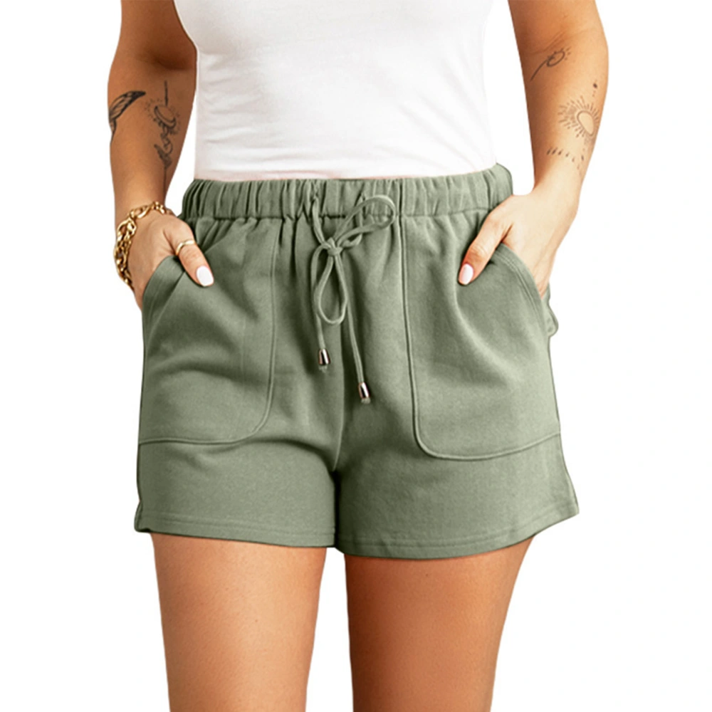 Women Shorts High Waist Elastic Pants Drawstring Pure Color Shorts Summer Casual Pants Green M