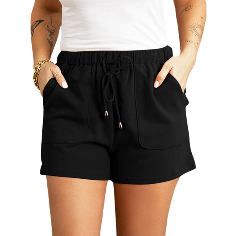 Women Shorts High Waist Elastic Pants Drawstring Pure Color Shorts Summer Casual Pants Black S