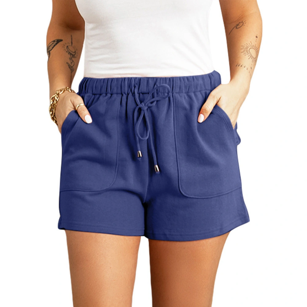 Women Shorts High Waist Elastic Pants Drawstring Pure Color Shorts Summer Casual Pants Blue L