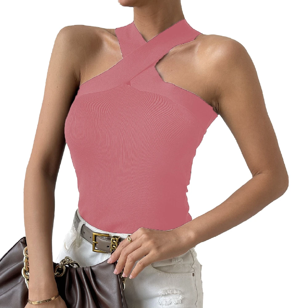 Cross Halter Neck Top Off Shoulder Slim Fit Pure Color Women Sleeveless Knit T Shirt for Dating Office Shopping Pale Pinkish Grey M