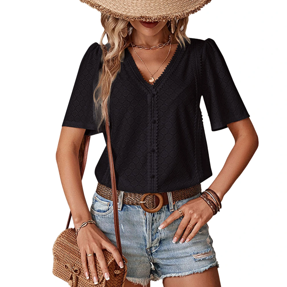 Women Summer Top Casual Loose Short Sleeve V Neck Eyelet Button Lace Trim Top for Female Black L