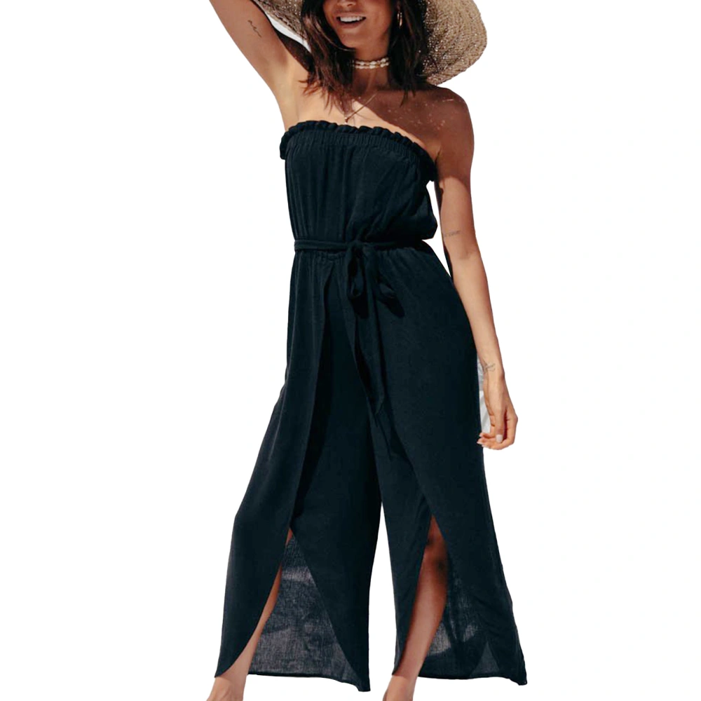 Women Strapless Tops Pants Summer Fashion Elegant Slimming Elastic Waist Women Off Shoulder Tops Wide Leg Pants Black M