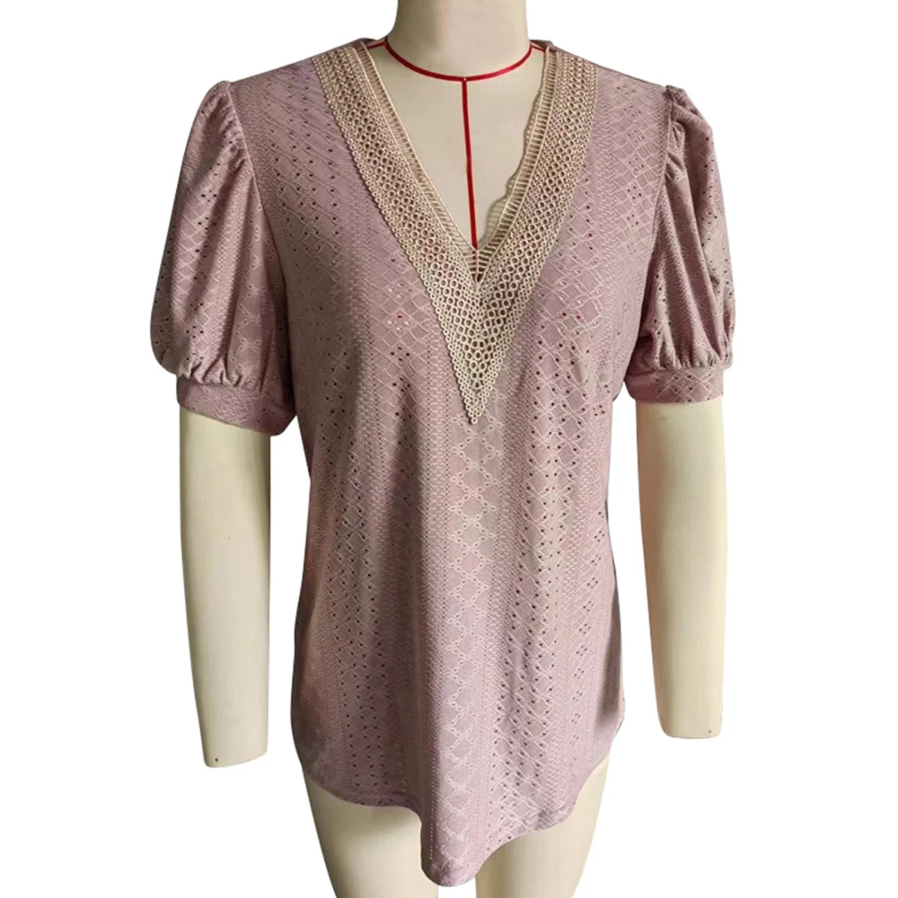 Short Sleeve Lace Crochet V Neck Women Fashionable Elegant Casual Hollow Shirt Blouse for Dating Party Gray Pink XL