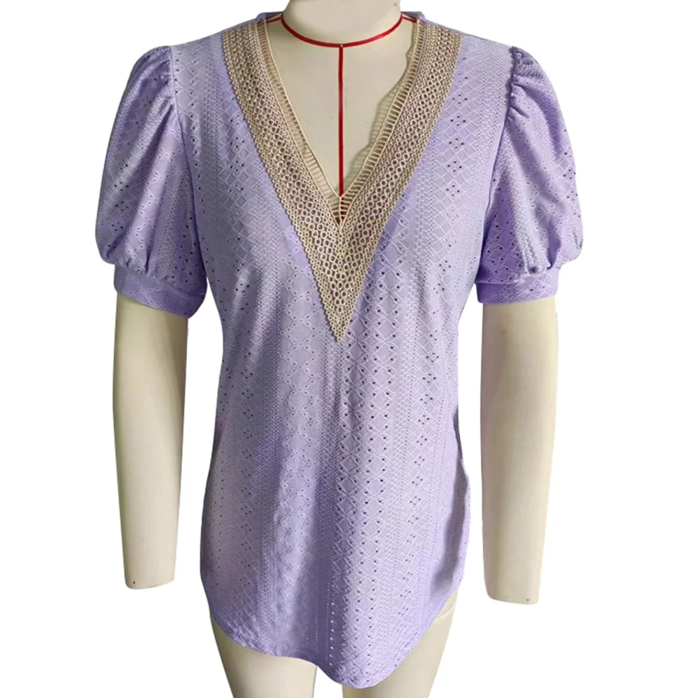 Short Sleeve Lace Crochet V Neck Women Fashionable Elegant Casual Hollow Shirt Blouse for Dating Party Purple XXL