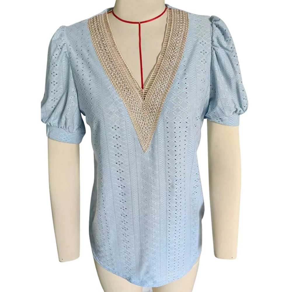 Short Sleeve Lace Crochet V Neck Women Fashionable Elegant Casual Hollow Shirt Blouse for Dating Party Skyblue XXL