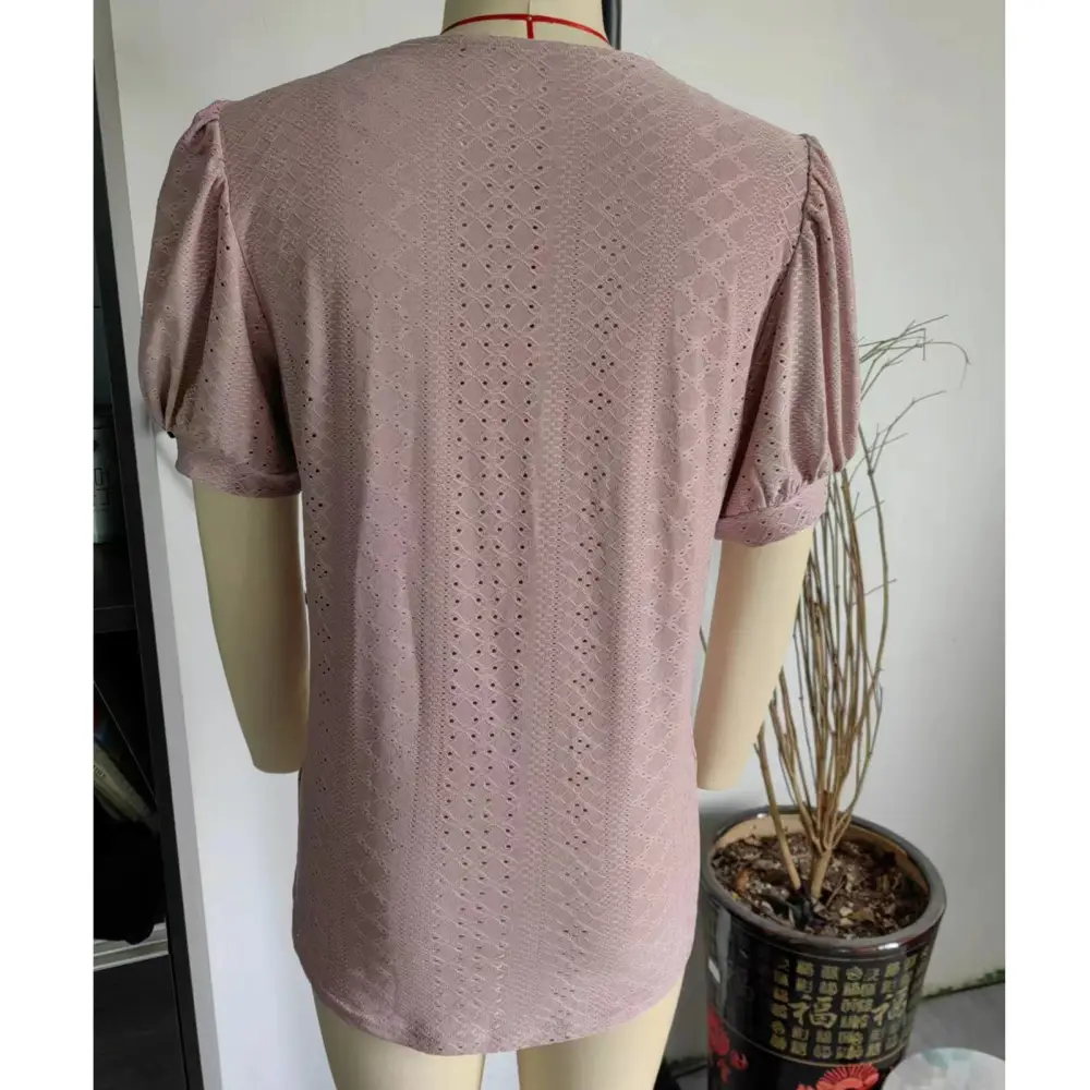 Short Sleeve Lace Crochet V Neck Women Fashionable Elegant Casual Hollow Shirt Blouse for Dating Party Gray Pink XXL