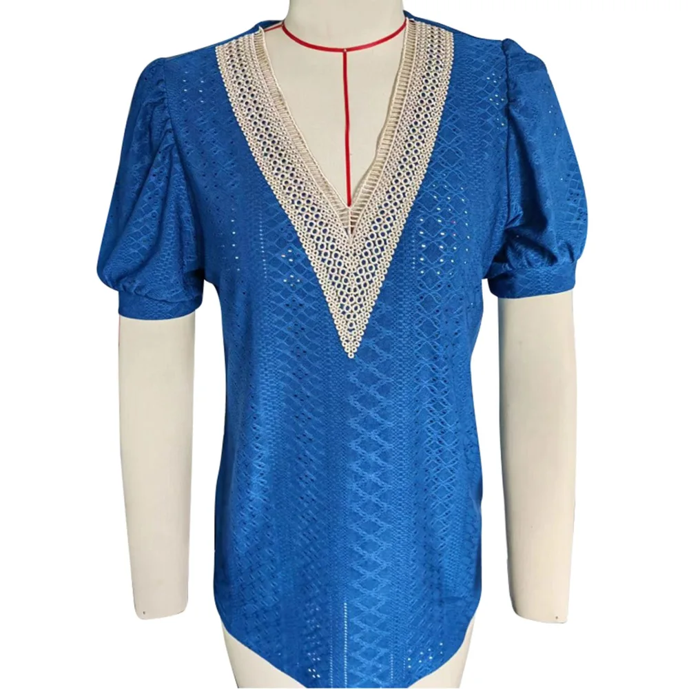 Short Sleeve Lace Crochet V Neck Women Fashionable Elegant Casual Hollow Shirt Blouse for Dating Party Peacock Blue L