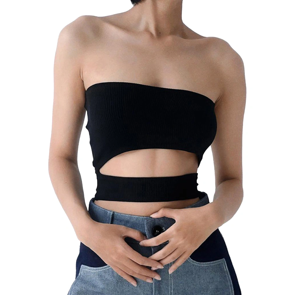 Hollow Tube Top Women Summer Fashionable Elegant Pure Color Slim Fit Short Sleeveless Tank Top for Party Black S