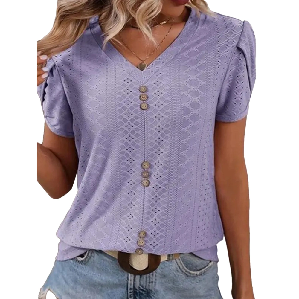 Women V Neck T Shirt Short Petal Sleeves Front Button Trim Hollow Out Casual Loose Blouses lavender Purple M