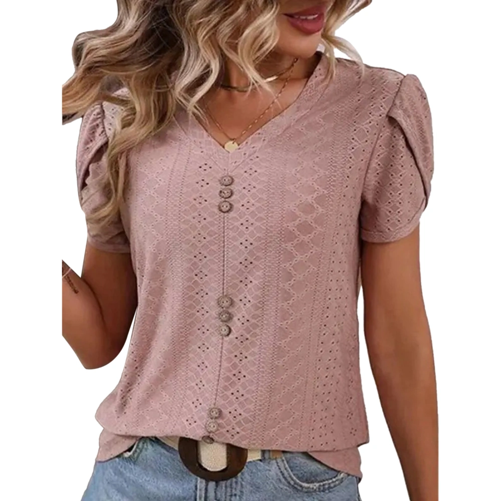 Women V Neck T Shirt Short Petal Sleeves Front Button Trim Hollow Out Casual Loose Blouses Pink XXL