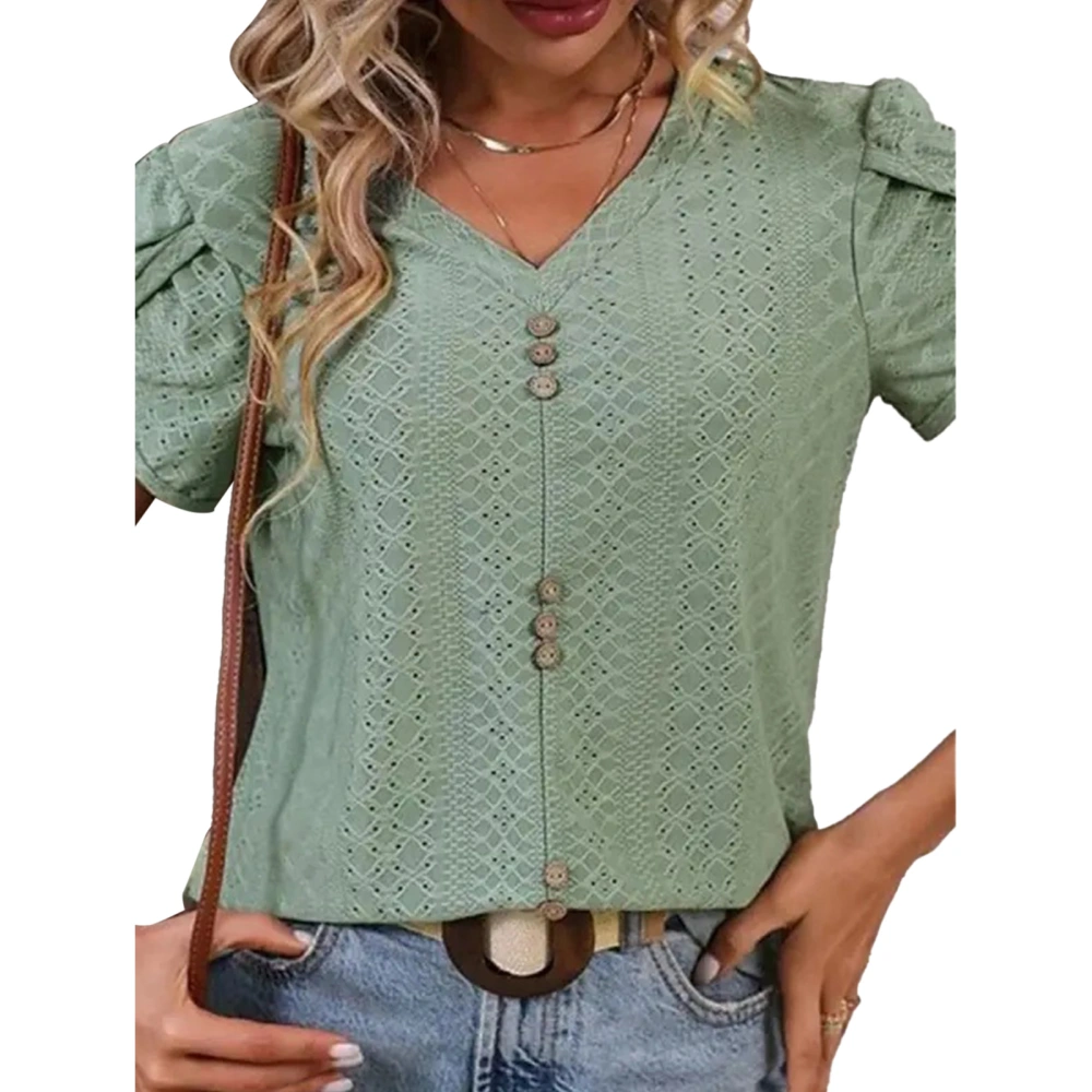 Women V Neck T Shirt Short Petal Sleeves Front Button Trim Hollow Out Casual Loose Blouses olive Color L